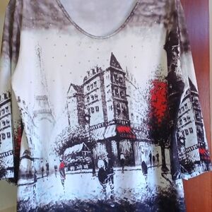 Compliments Women's top, Size L, Paris scene, front and back, stretch